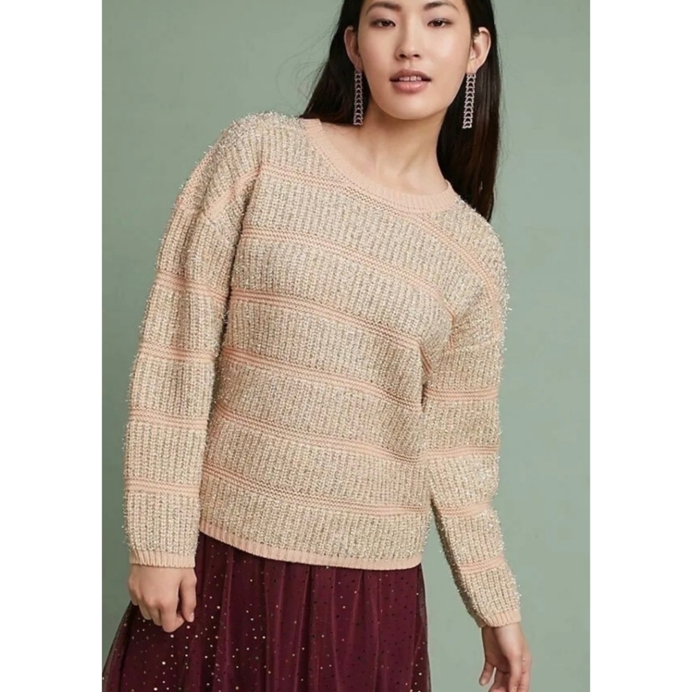 MOTH Anthropologie Pink Shimmer Chunky Knit Tinsel Striped Pullover Sweater SM